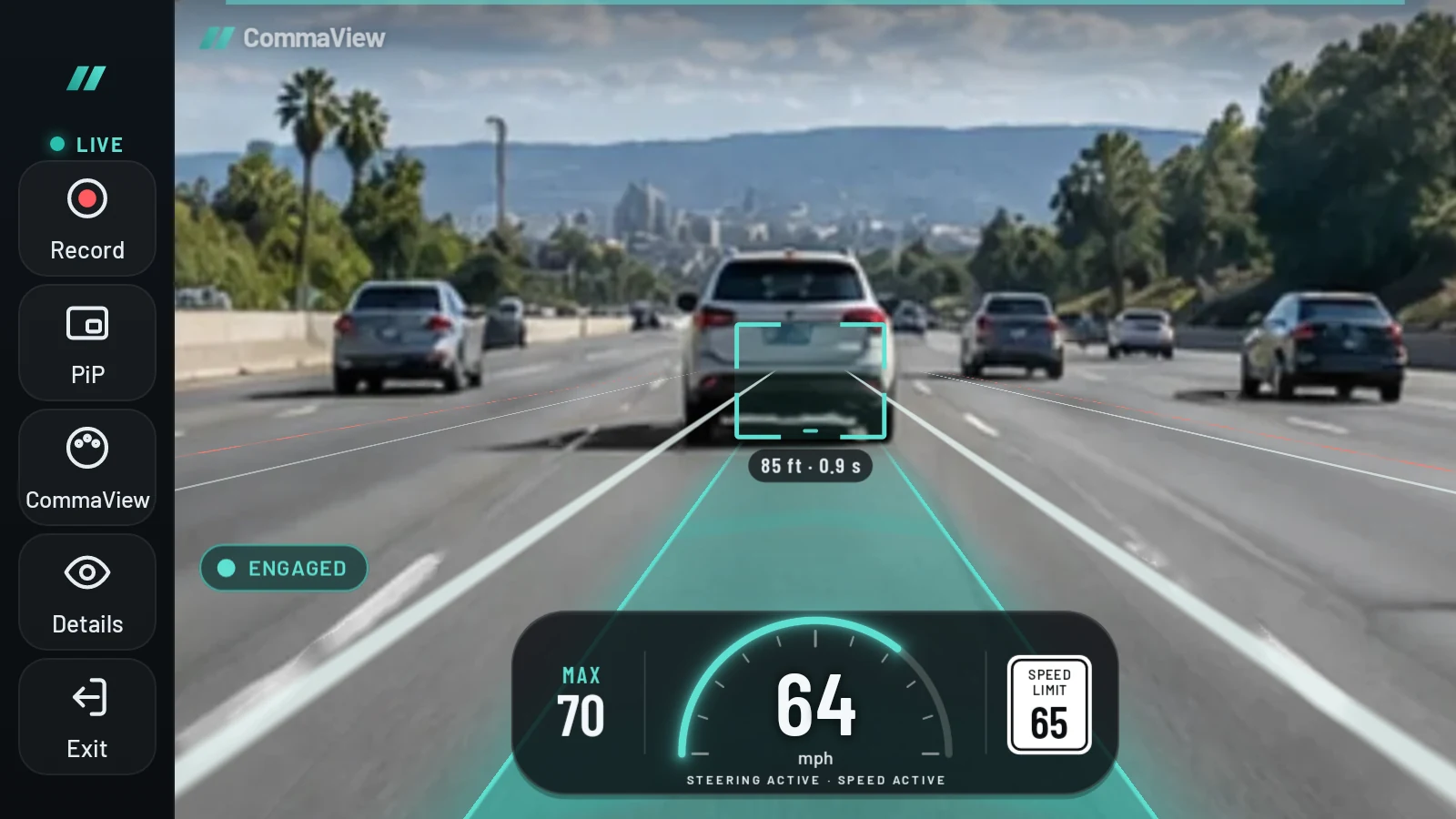 CommaView Live View on an in-dash Android head unit with CommaView’s overlay over a sunny freeway: the path drawn in teal, the SUV ahead marked 85 ft and 0.9 s away, Engaged, and a cluster with MAX 70, 64 mph and a 65 speed limit sign, with the Record, picture-in-picture, overlay, Details and Exit controls on the driver's side.