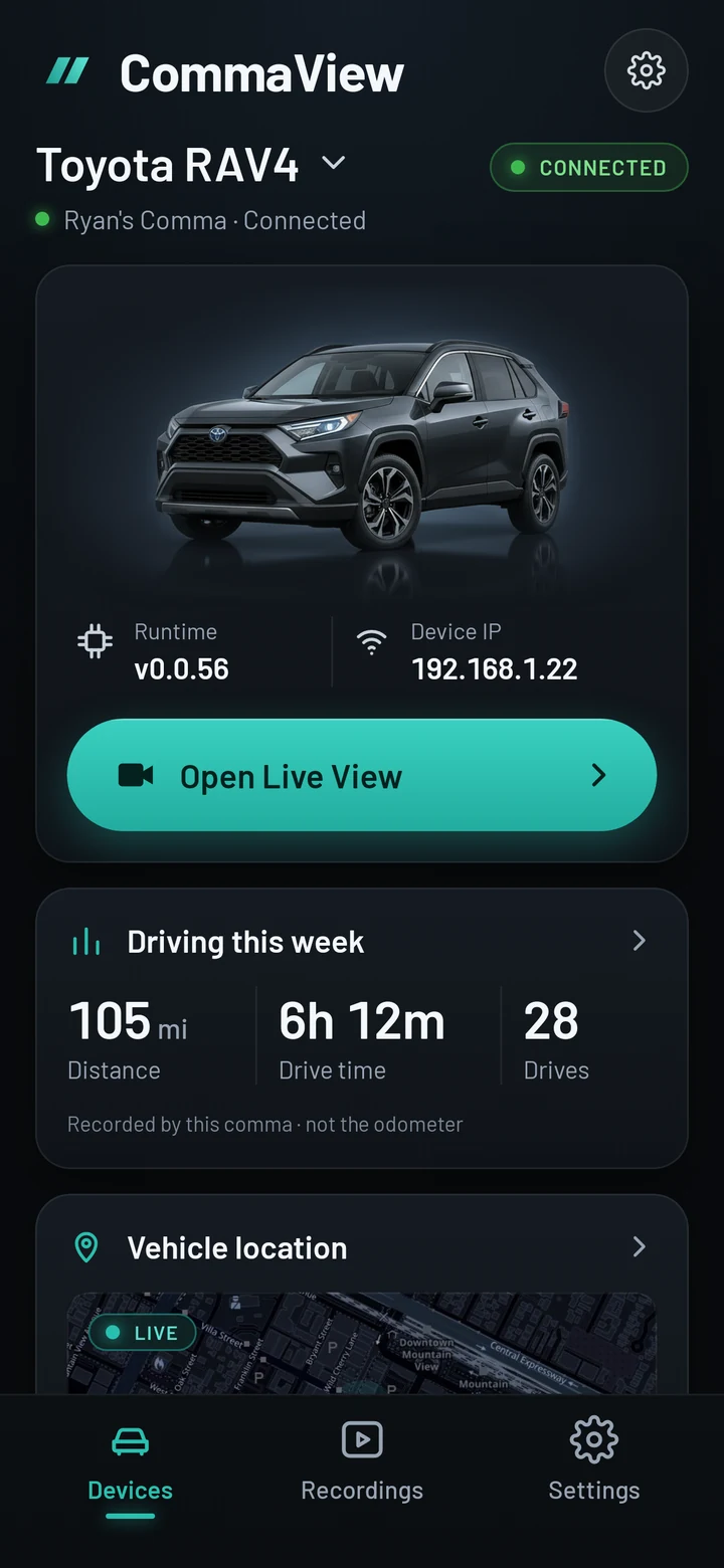 The CommaView home screen: a Toyota RAV4 with its comma connected, the car on its stage, the runtime version and device address, the Open Live View button, this week’s driving, and the car’s live location.