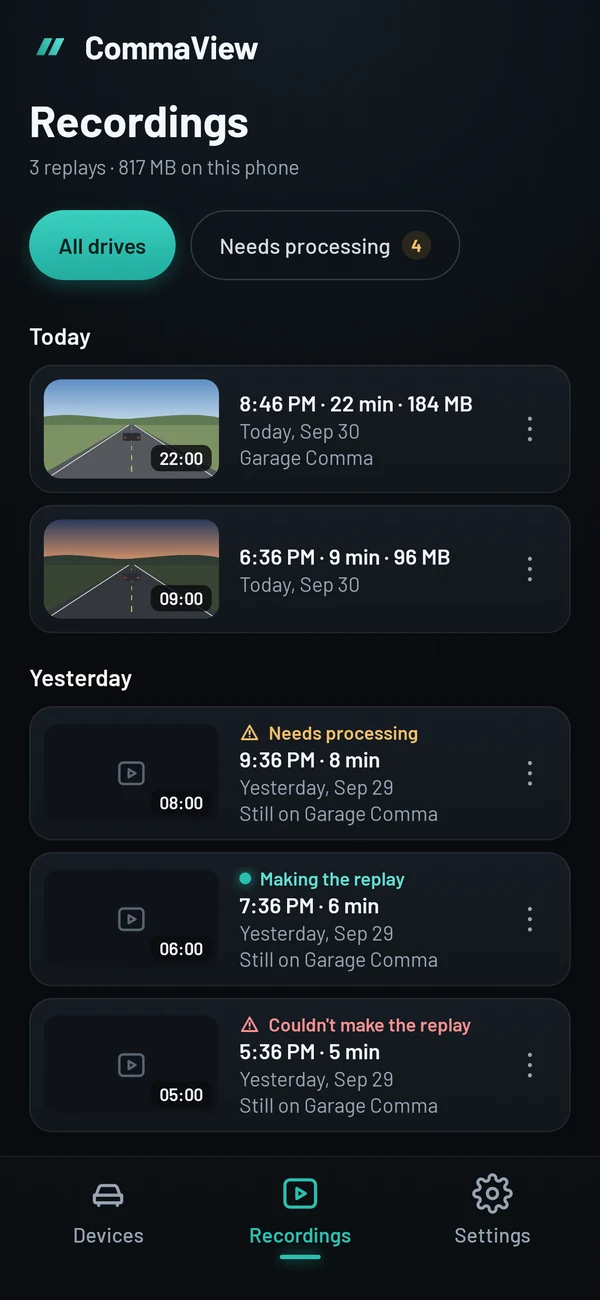 The Recordings screen: drives grouped under Today, each with a thumbnail, its time, length and size.