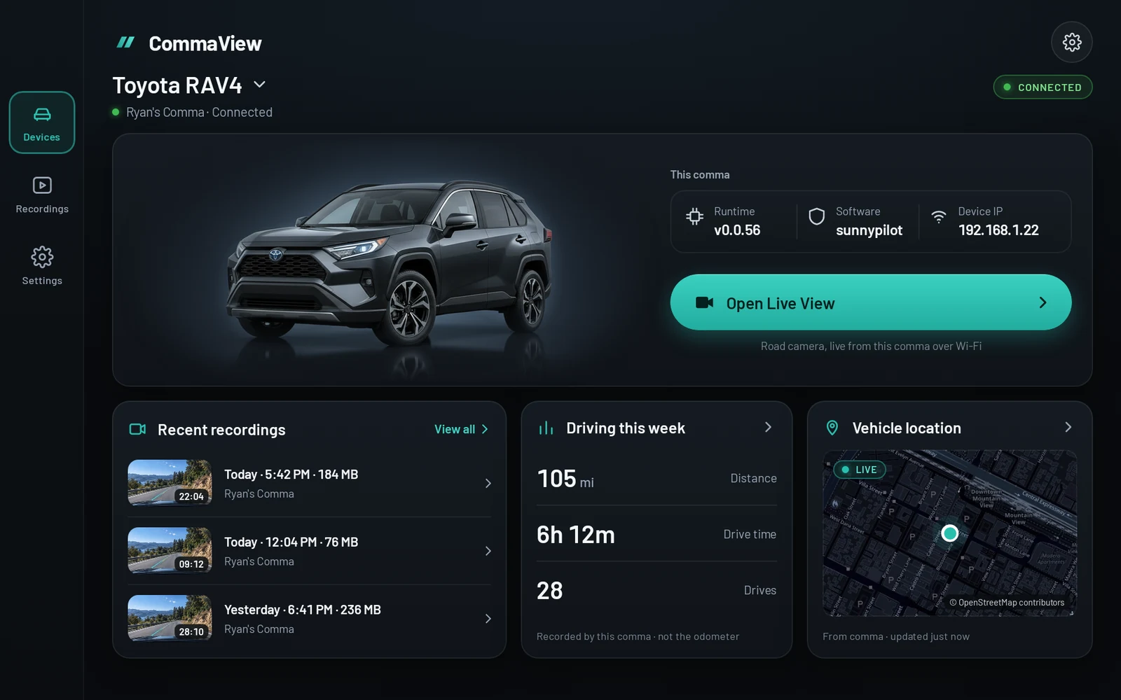 CommaView on an Android tablet, laid out as a dashboard: the car and Live View on top, recordings, driving and location below.