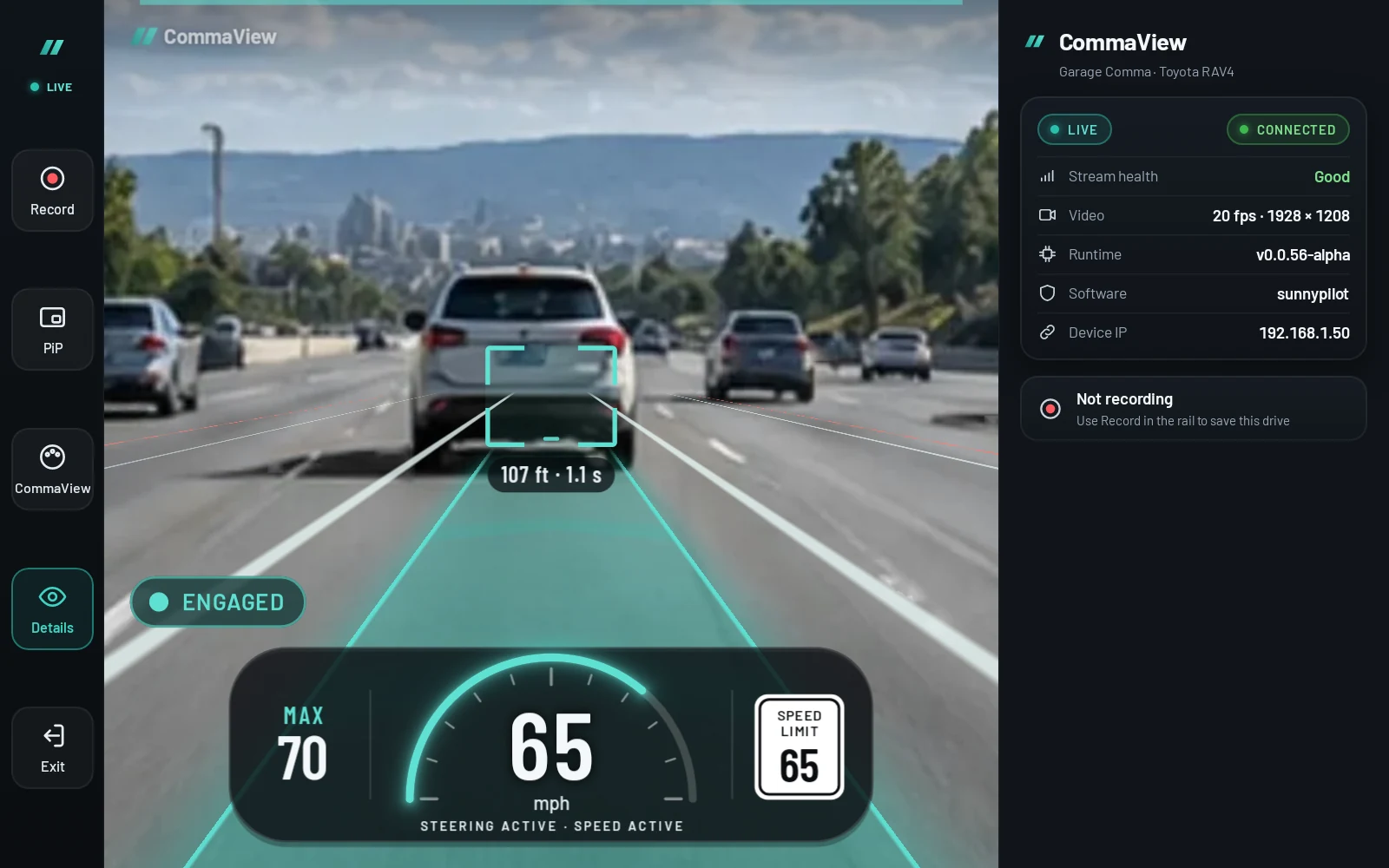 CommaView Live View on a tablet with CommaView’s overlay over a sunny freeway: the path drawn in teal, the SUV ahead marked 107 ft and 1.1 s away, Engaged, and a cluster with MAX 70, 65 mph on a gauge and a 65 speed limit sign; beside it the controls rail and a details pane showing Live, Connected, 20 fps video, the runtime and sunnypilot.